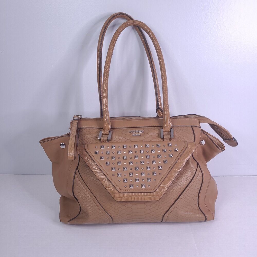 GUESS Brown Tan Faux Reptile Leather Studded Shoulder Bag Satchel Purse Y2K LG